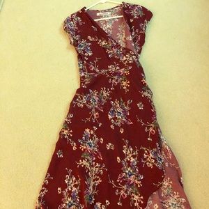 Burgundy floral print wrap dress.